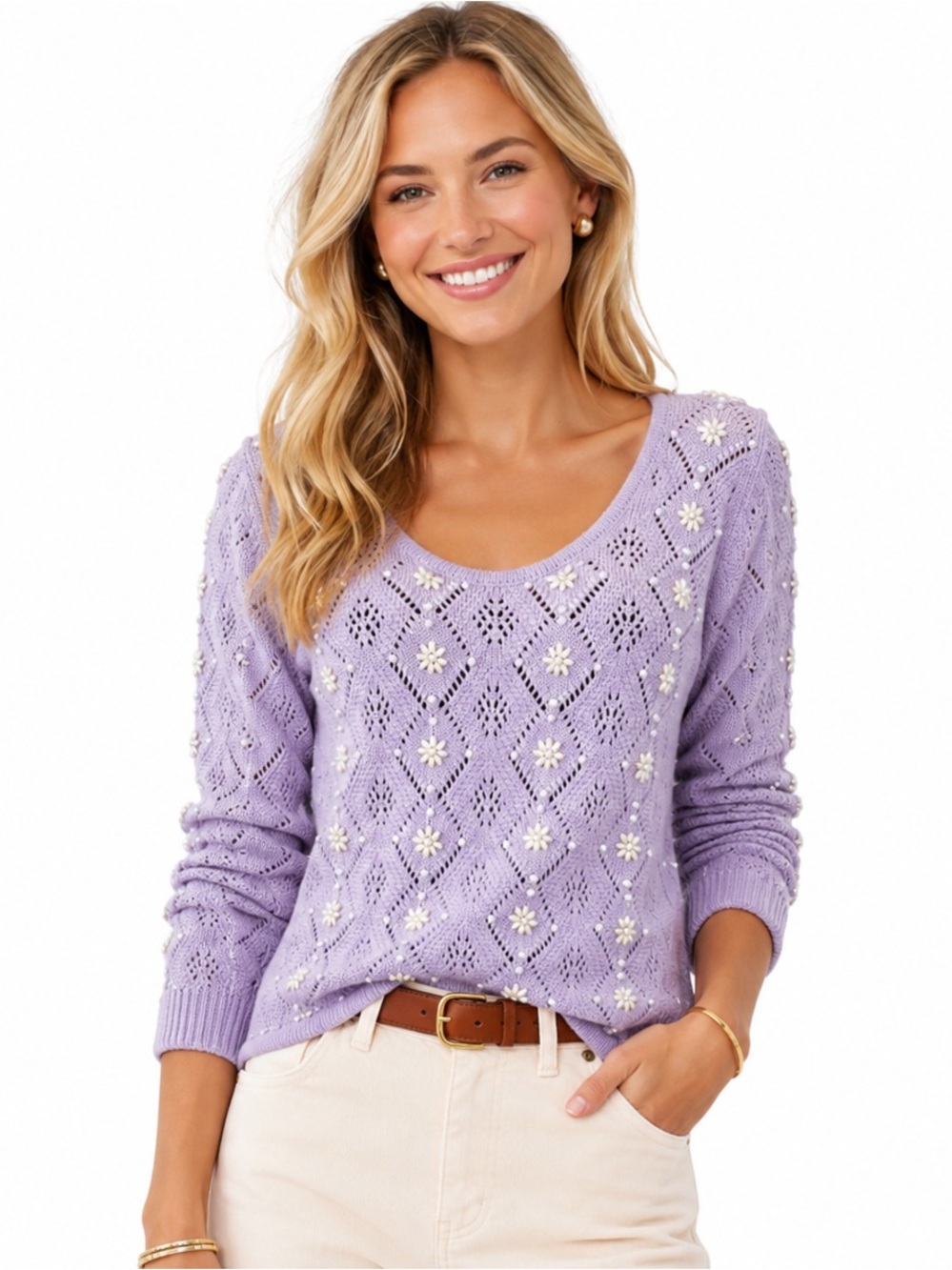 Peek & Peck Lilac Embellished Knit Sweater Beaded Pearl Daisy Floral M Coquette